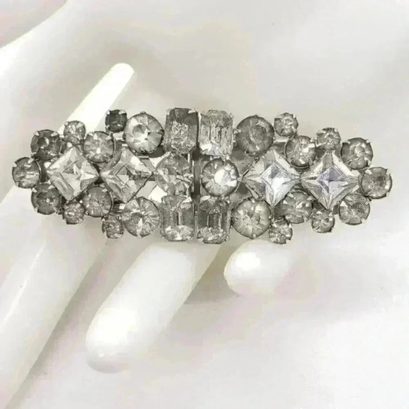 Vintage DUETTE Style Brooch Shoe Fur Collar Clips 1940 Clear Rhinestone - Picture 1 of 10